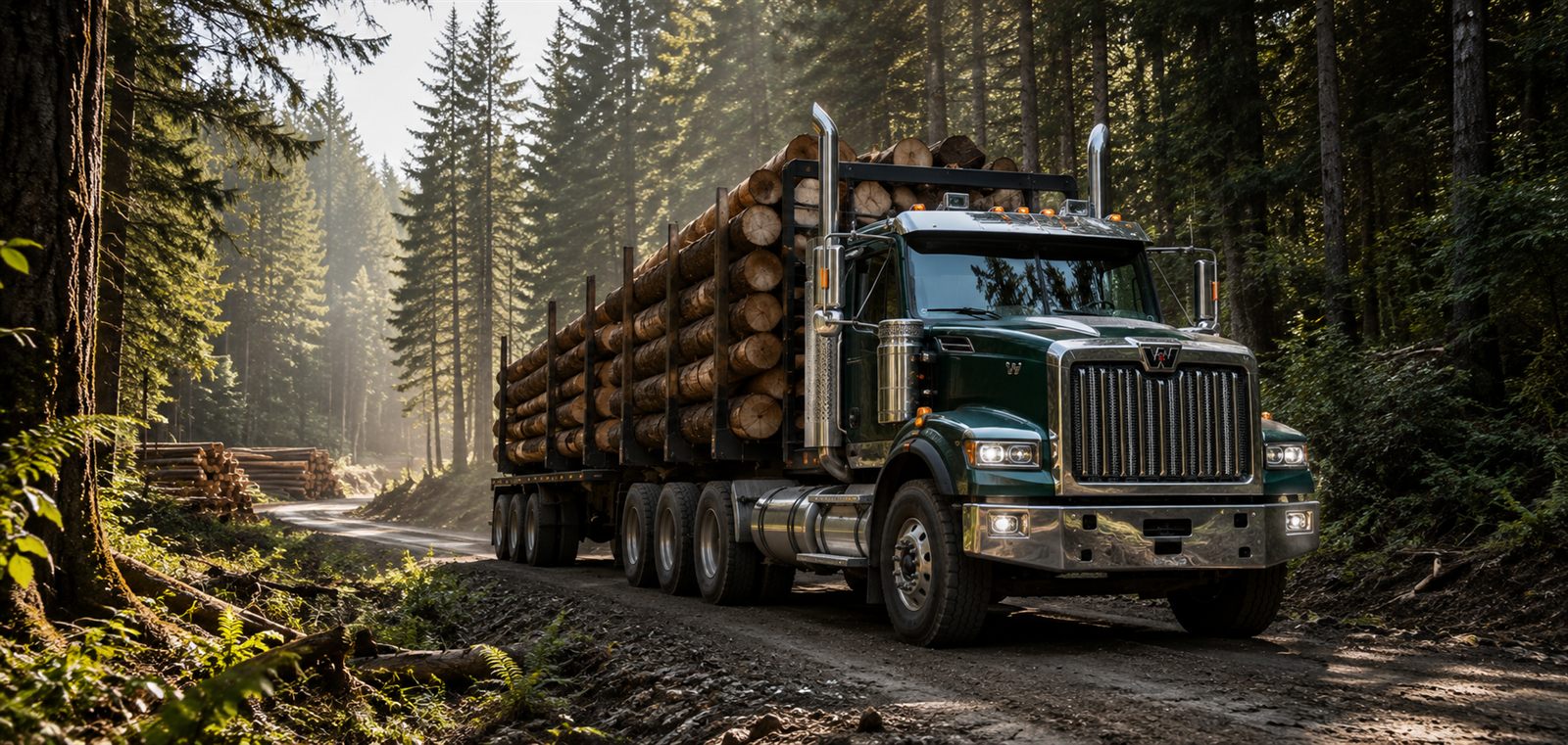 Logging truck travelling through a forest